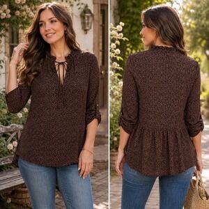 Everleigh Floral Tunic Top Small Black Rust High Low Roll Tab Sleeve‎ Blouse